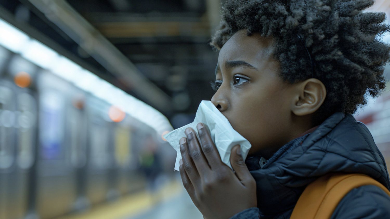 A young child holds a tissue to their face, looking unwell
