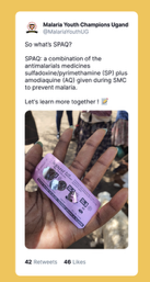 A post by Malaria Youth Champions Uganda on X: So what’s SPAQ? SPAQ, a combination of the antimalarial medicines sulfadoxine/pyrimethamine (SP) plus amodiaquine (AQ) given during SMC to prevent malaria. Let’s learn more together! With a photo of a SPAQ blister pack held in a hand. 42 reposts, 46 likes.