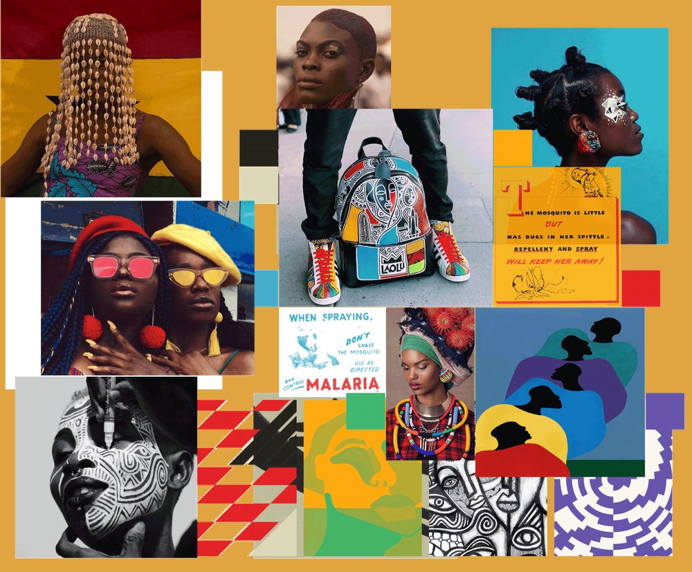 Collage of bold African portraits and vintage anti-malaria posters